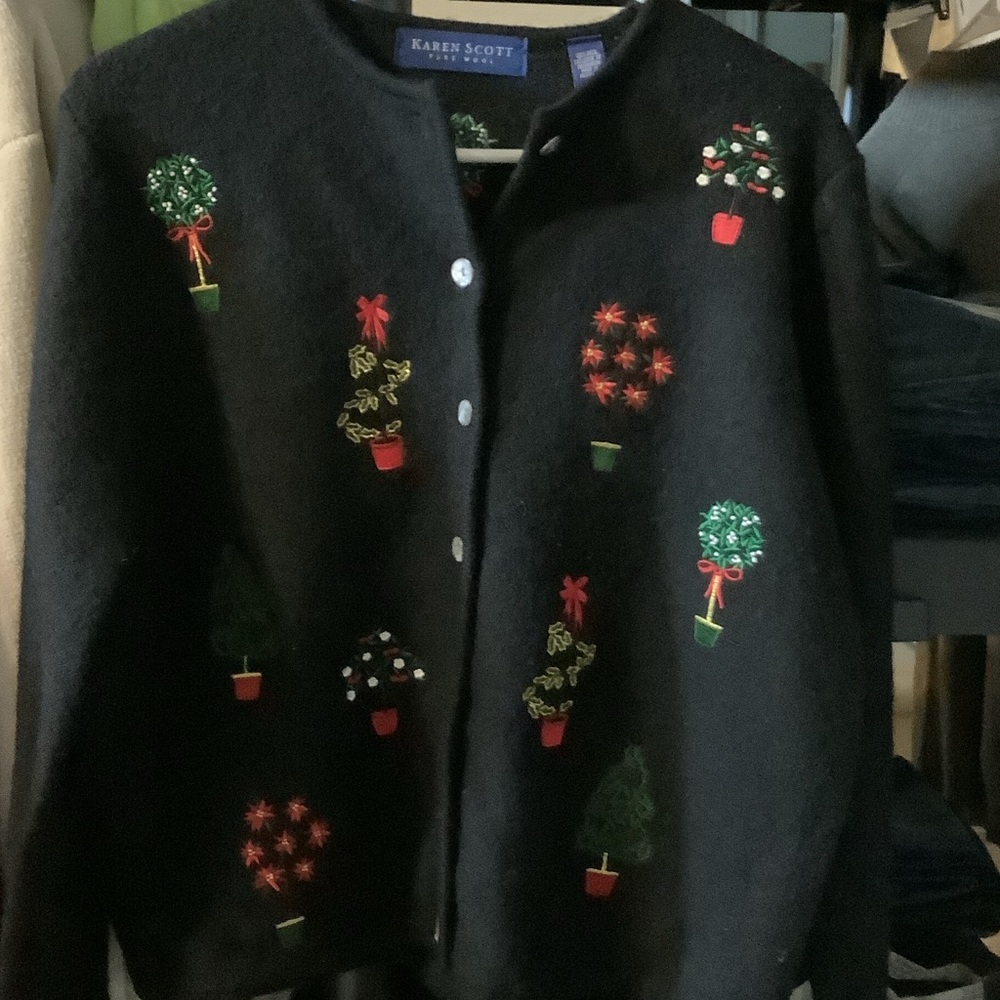 Karen Scott Black Cardigan with‎ Colorful Embroidery, Christmas, 100% wool